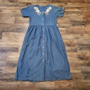 Vintage 80's Spot Light Rose Embellished 100% Cotton Blue Denim Dress Size Small